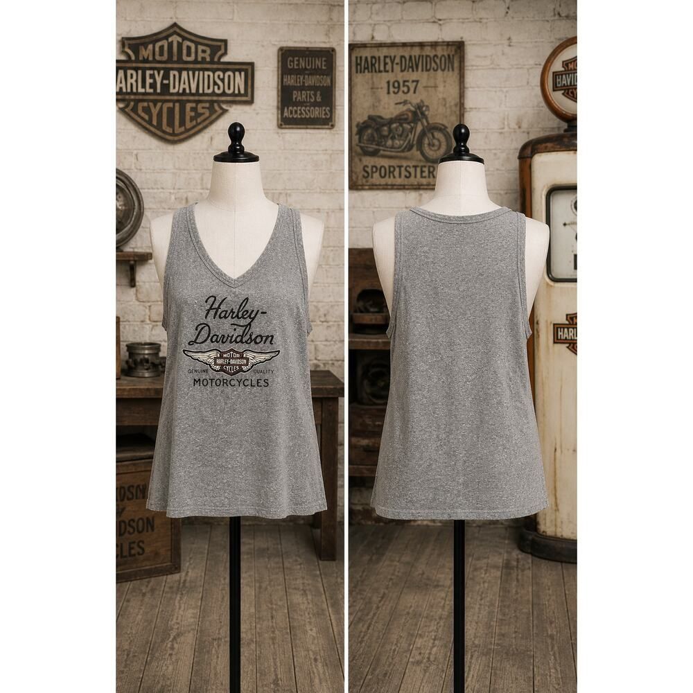 Harley-Davidson Gray V-Neck Tank Top Women’s Small Biker Graphic